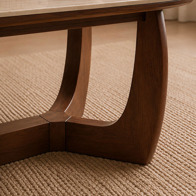 close up on architectural walnut base of coffee table
