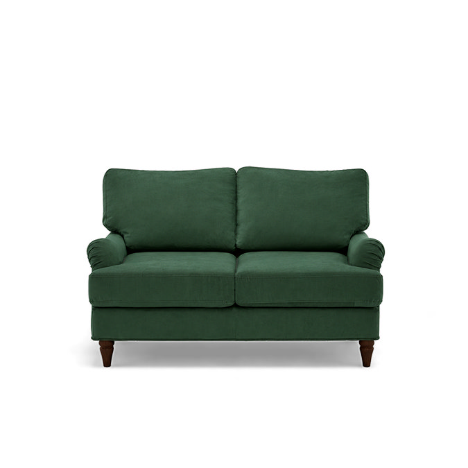 front on cut out image of 2 seater forest green sofa with dark wood legs
