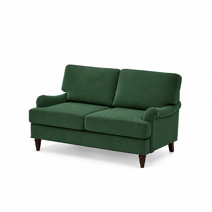 angled side on image of 2 seater sofa in forest green with dark wood legs