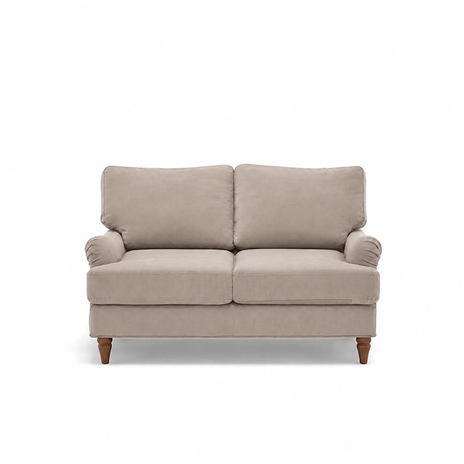front on cut out image of 2 seater mink coloured sofa with light wood legs