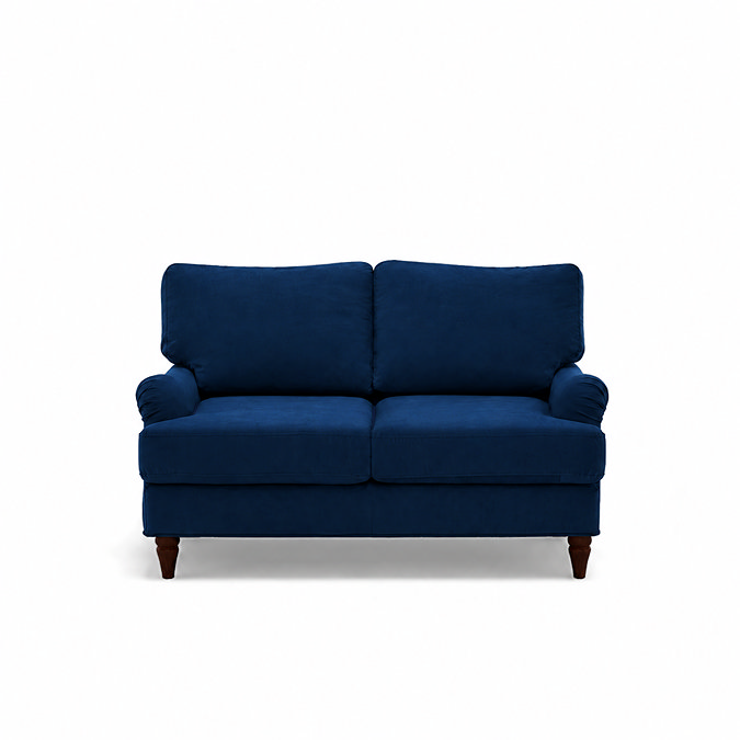 front on cut out of 2 seater navy blue velvet sofa with dark wood legs