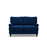 front on cut out of 2 seater navy blue velvet sofa with dark wood legs