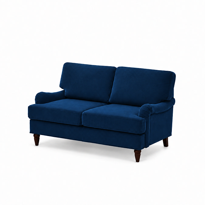 angled cut out image of 2 seater navy blue velvet sofa with dark wood legs