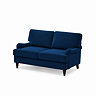 angled cut out image of 2 seater navy blue velvet sofa with dark wood legs