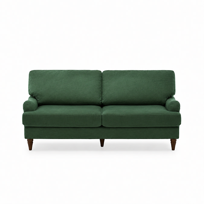 front on cut out image of forest green 3 seater sofa with warm wood legs
