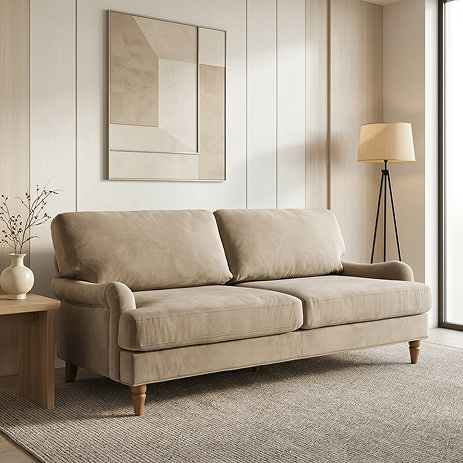 image of mink velvet 3 seater sofa on soft living room carpet
