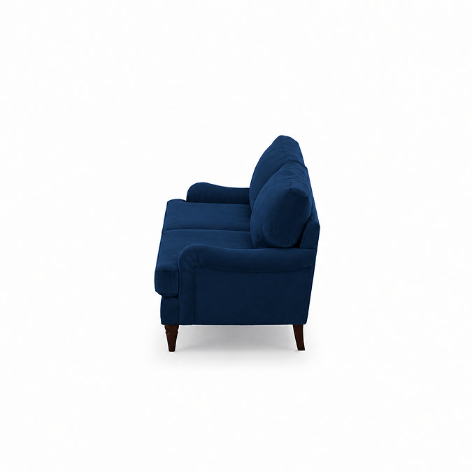 side on cut out image of navy blue 3 seater sofa with dark wood legs