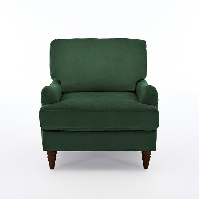 front on cut out image of forest green armchair with dark wood legs