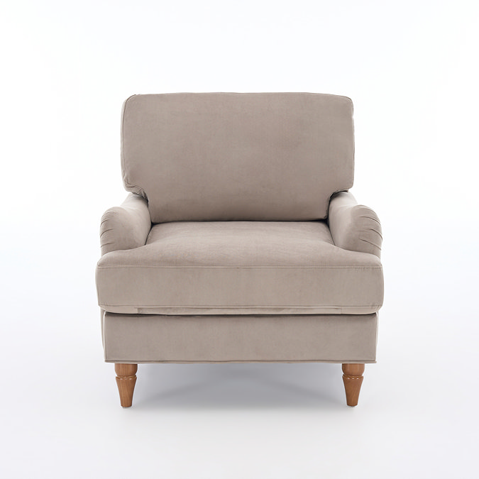 front on cut out image of mink coloured armchair with light wood legs