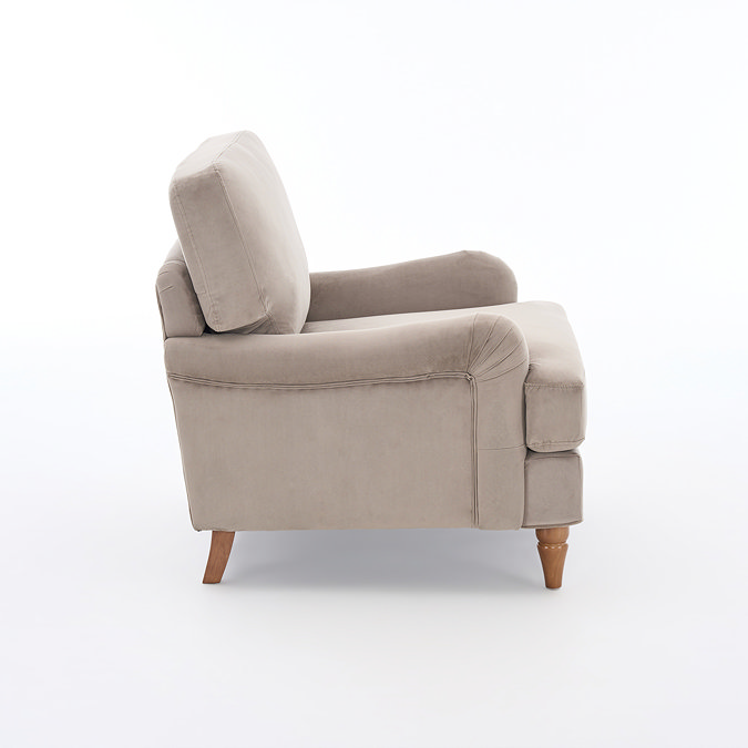 side on cut out image of mink coloured armchair with light wood legs