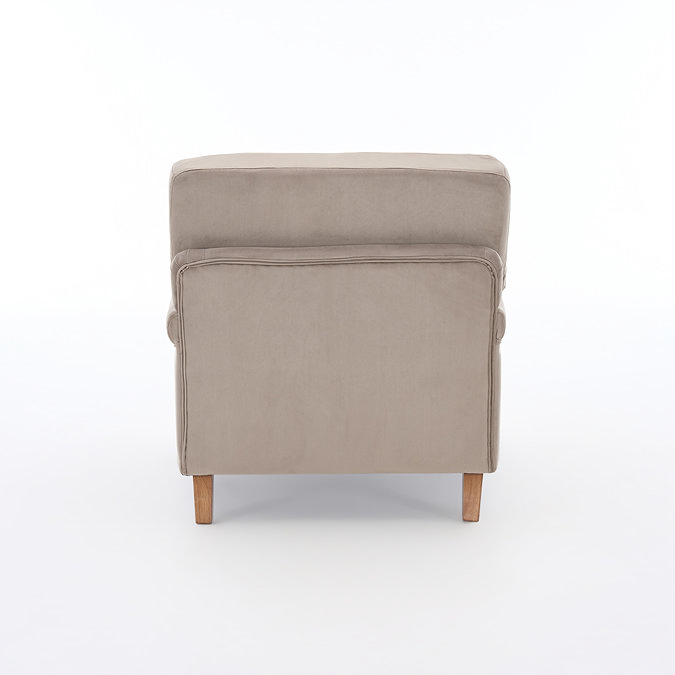 back facing image of mink coloured armchair with light wood legs