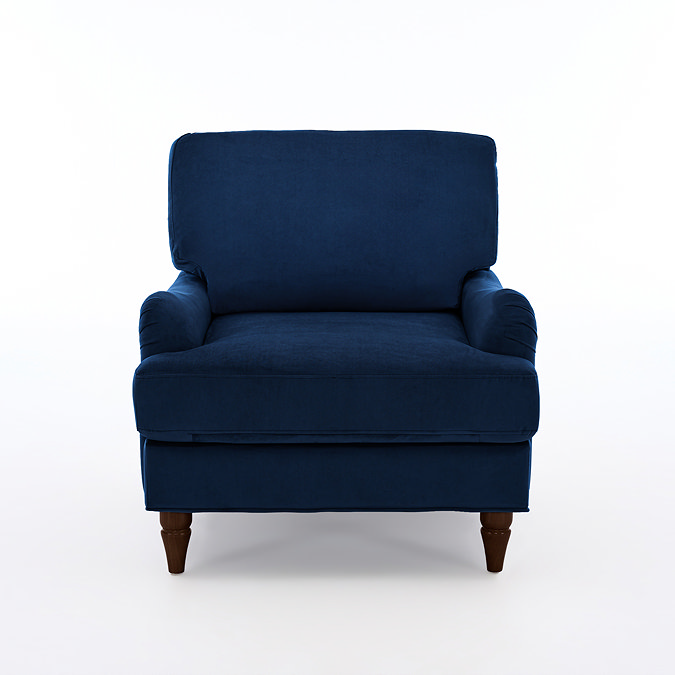 front on cut out image of navy blue velvet armchair with dark wood legs