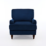 front on cut out image of navy blue velvet armchair with dark wood legs