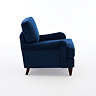 side on image of navy blue velvet armchair with dark wood legs