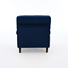 back facing cut out image of navy blue velvet armchair with dark wood legs