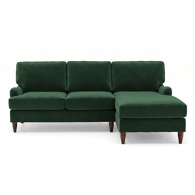 white cut out image of forest green left seat corner sofa with dark wood legs