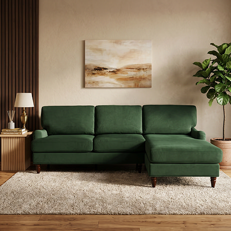 image of left seat corner sofa on soft rug and hard wood floor of stylish living room