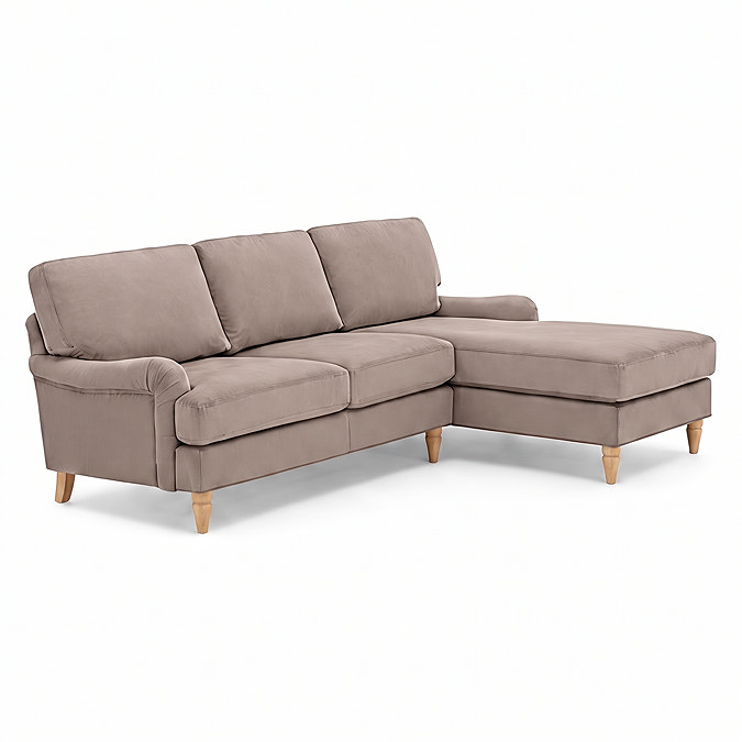 angled cut out image of mink coloured corner sofa with light wood legs