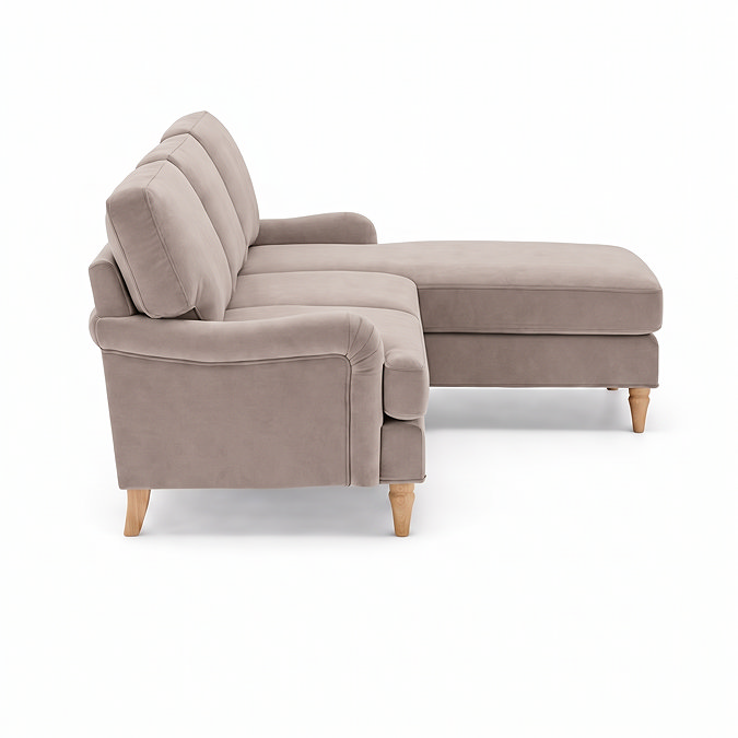 side on cut out image of mink coloured corner sofa with light wood legs