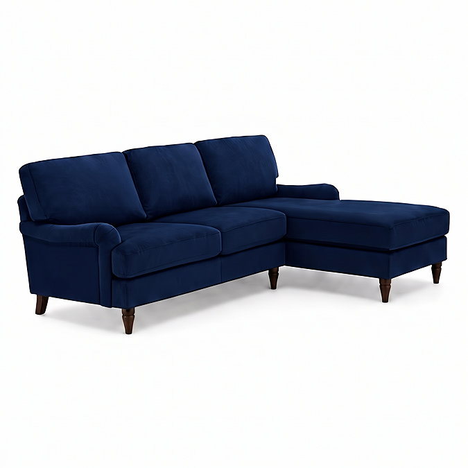 angled cut out image of navy blue left seat corner sofa with dark wood legs