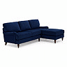 angled cut out image of navy blue left seat corner sofa with dark wood legs