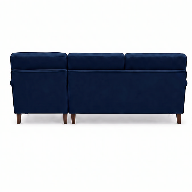 back facing cut out image of left seat corner sofa in navy blue velvet