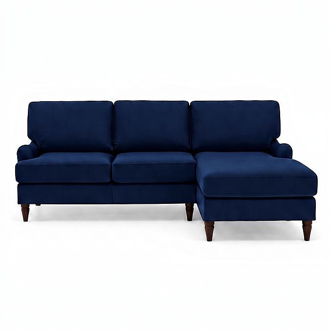 front on cut out image of navy blue left seat corner sofa with dark wood legs