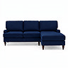 front on cut out image of navy blue left seat corner sofa with dark wood legs