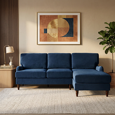 front on cut out image of navy blue left seat corner sofa with dark wood legs