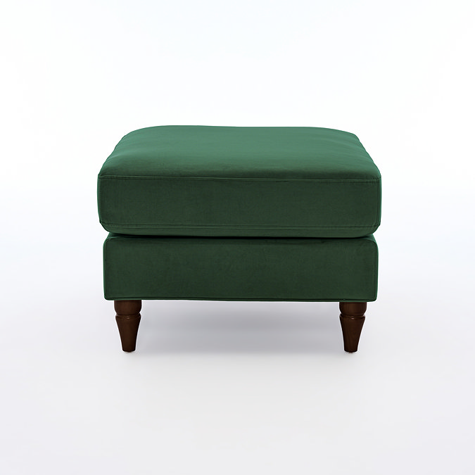 side on image of velvet forest green pouffe with warm wood legs