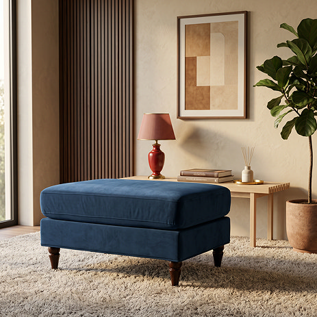 image of blue velvet pouffe with dark wood legs