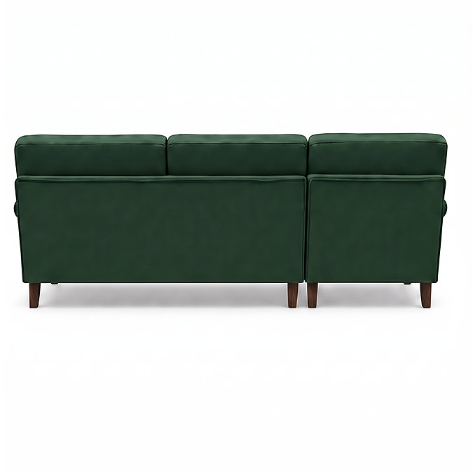 cut out back facing image of forest green velvet right corner sofa with dark wood legs