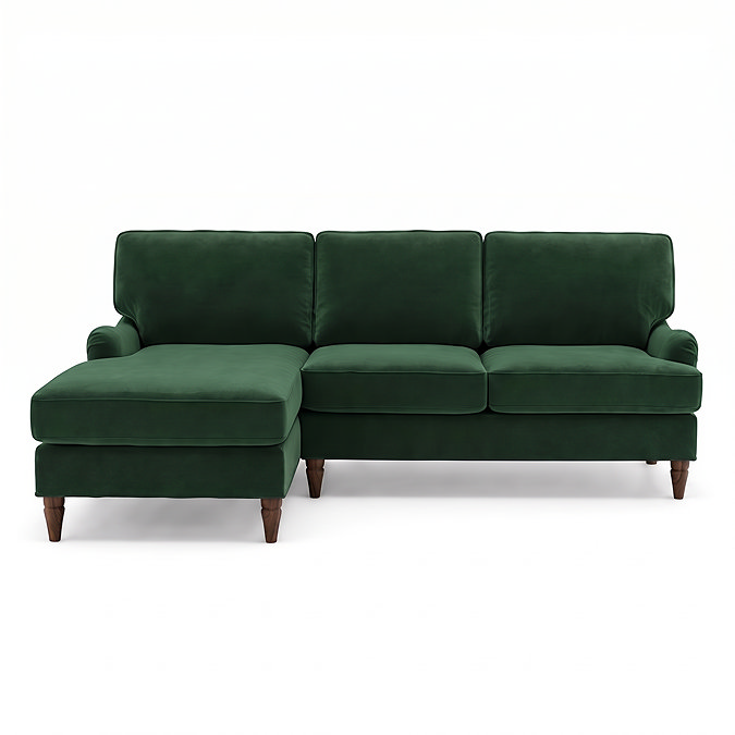 front on cut out image of forest green velvet left corner sofa with dark wood legs