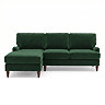 front on cut out image of forest green velvet left corner sofa with dark wood legs