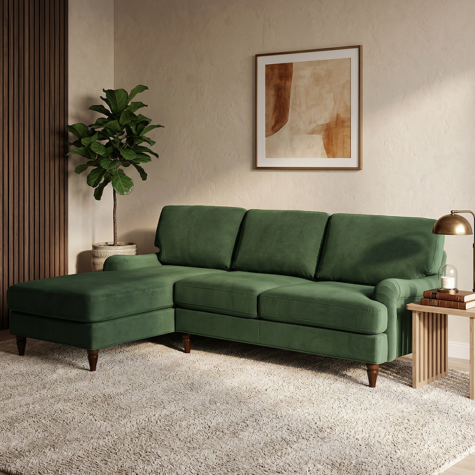 image of right seat corner sofa with dark wood legs on plush rug of living room scene