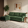 image of right seat corner sofa with dark wood legs on plush rug of living room scene