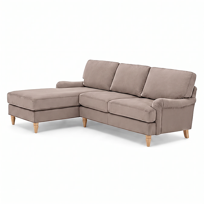 angled cut out image of mink coloured right seat corner sofa with light wood legs