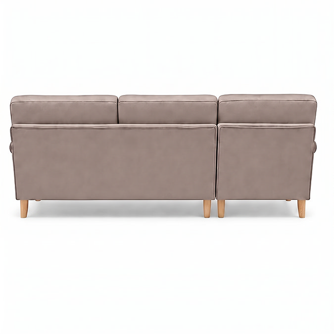 cut out back facing image of mink coloured right seat corner sofa with light wood legs