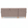 cut out back facing image of mink coloured right seat corner sofa with light wood legs