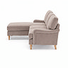 side on cut out image of mink coloured velvet sofa with light wood legs