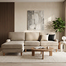 image of mink coloured right seat corner sofa with light wood legs in modern living room scene