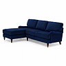 angled cut out image of navy blue velvet corner sofa with dark wood legs