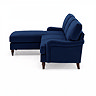 side on cut out image of navy blue right seat corner sofa with dark wood legs
