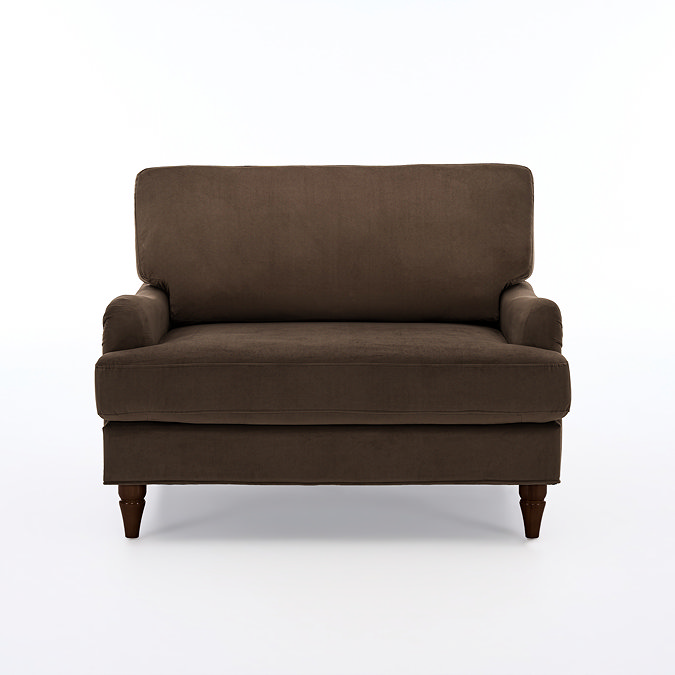 front on cut out image of chocolate brown velvet snuggle chair with dark legs