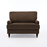 front on cut out image of chocolate brown velvet snuggle chair with dark legs