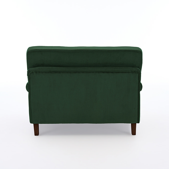 back image of dark green forest green snuggle chair with dark legs