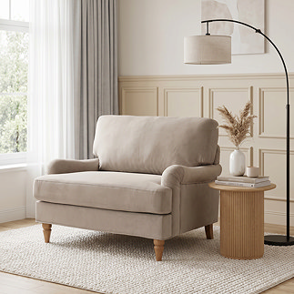 image of mink coloured snuggle chair with light wood legs