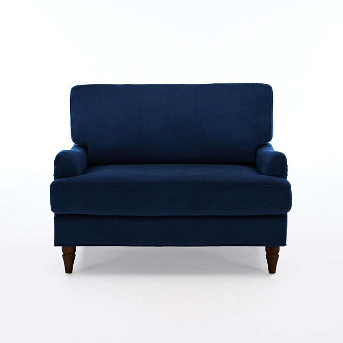 front on cut out image of navy blue swivel chair with dark wood legs