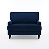 front on cut out image of navy blue swivel chair with dark wood legs