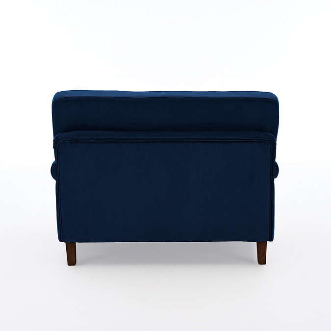 back facing cut out image of navy blue velvet snuggle chair with dark wood legs